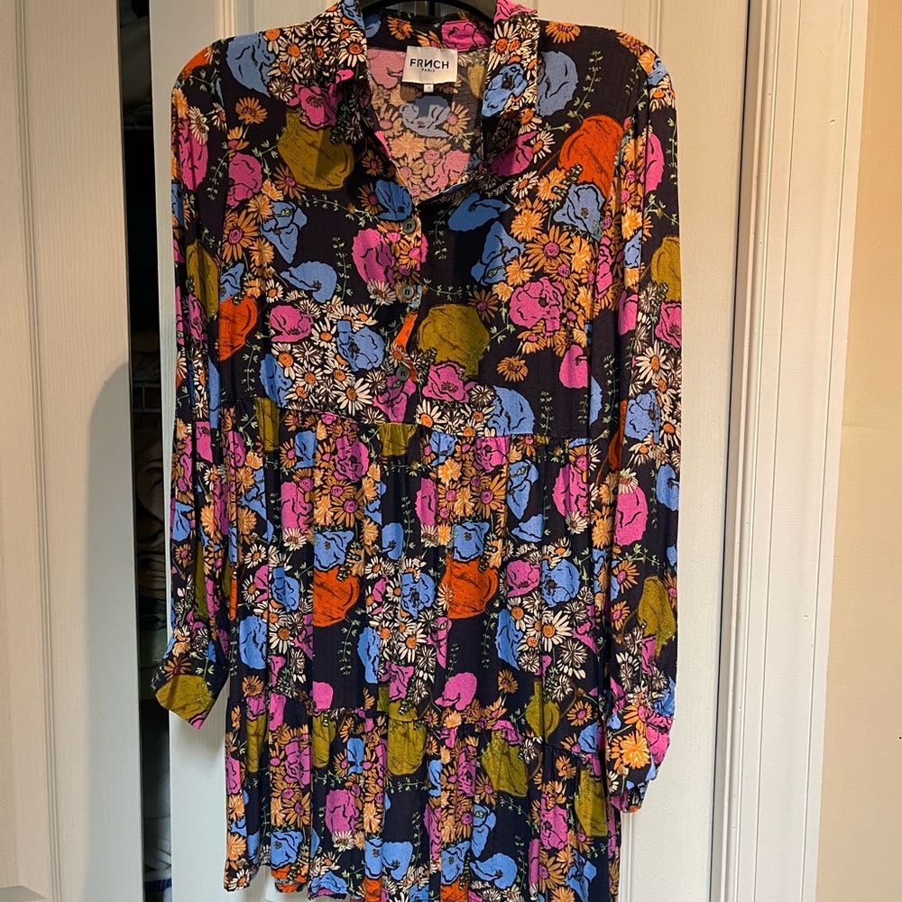 FRNCH Women's Long Sleeve Floral Dress - Blue, Pink, Orange, Green